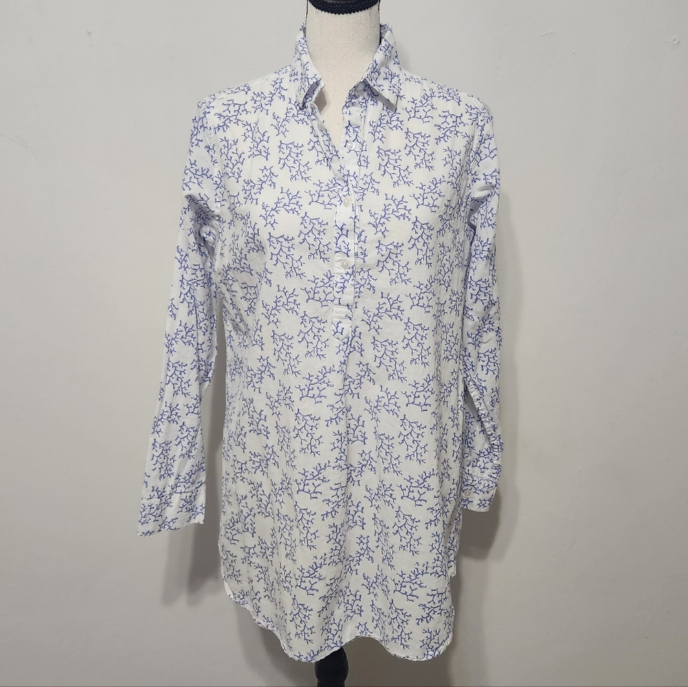 Boo Gemes 'Uni' Blue And White Coral Pullover Tunic Top Cotton Beach Cover-up M